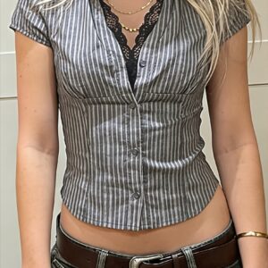 Casual Slim Lace Striped V Neck Blouse
