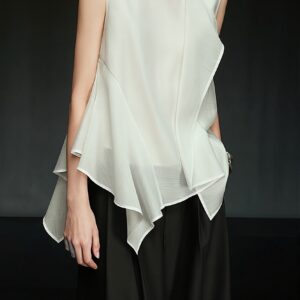 White Irregular Ruffle Sleeveless Blouse