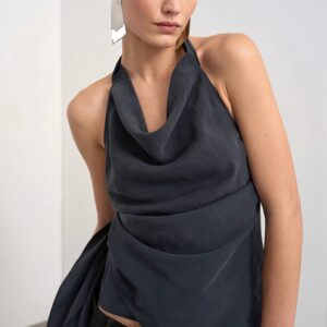 Cowl Neck Backless Asym Draped Halter Top