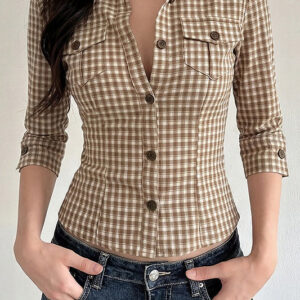 Plaid Waist Slim Five Quarter Sleeve Blouse